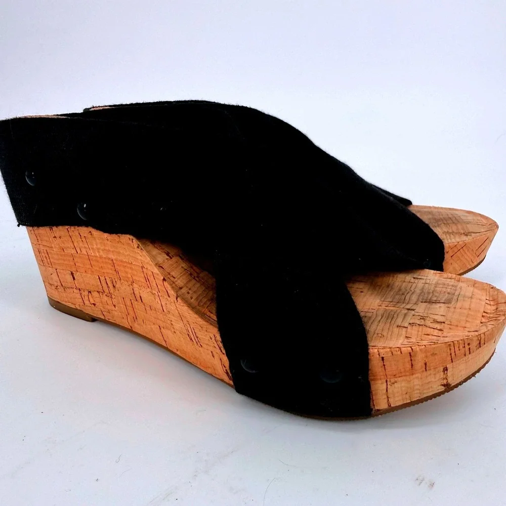 Lucky Brand Miller Black Canvas Cork Wedge‎ Sandals Platform Slides 6.5M